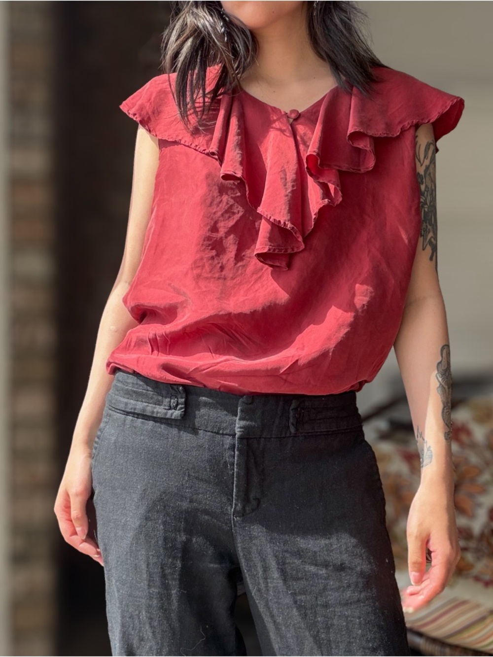 Silk Satin Smart Set Burgundy Red Ruffle 90's Blouse
